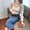 Novo Suéter de Malha Elegante para Outono, com Detalhes em Chiffon, Design de Nicho, Gola Quadrada Francesa, Manga Longa Slim