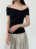 Camiseta de Manga Corta con Cuello de Hombro Inclinado Francés Luxi para Mujer Verano Seda Lana Suave y Cera Delgada Ajustada Top 2699