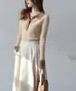 Ss Studio Jersey de Punto de Lana Gris Contrastante para Mujer Otoño e Invierno Manga Larga Camisa Base Top