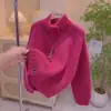 Suéter Abrigo Versátil Estilo Coreano con Cuello Alto para Mujer, Estilo Otoño e Invierno, Estilo Perezoso, Cardigan de Punto de Manga Larga de Un Solo Botón Rojo Rosa