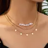 3 Tendencias de Moda Europeas y Americanas Elegante y Sencillo Conjunto de Collares para Mujer con Perla de Imitación Asimétrica y Disco Metálico