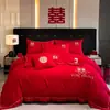 Conjunto de Quatro Peças para Casamento, Colcha Vermelha de Casamento para Recém-Casados, Lençol de Cama para Quarto de Casamento, Capa de Colcha, Lençol com Elástico, Roupa de Cama para Celebração de Casamento