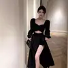 Vestido Preto Quadrado de Gola Alta com Mangas Bufantes Estilo Francês para Mulheres Outono Inicial Estilo Hepburn Elegante Vestido Vestido