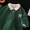 Camisa Polo de Manga Corta para Hombre Verano Holgada Bordada Algodón Pesado Camiseta Juvenil Estilo Universitario Camiseta de Manga Media de Color Contrastante