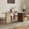 Mesa de Comedor Vintage de Madera Maciza Estilo Francés con Piedra Travertina, Mesa de Comedor Isla Semi-Oval Creativa de Diseñador para Apartamento Pequeño
