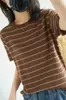 Camiseta de algodón puro a rayas con cuello redondo y dobladillo enrollado de manga corta, estilo coreano versátil, nuevo top casual holgado de verano 2026 para mujer