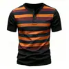 Camisa Henley de Rayas para Hombre Verano Casual Camiseta con Botones Moda Holgada Manga Corta Ropa de Hombre