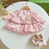 Vestido Princesa Bolo de Manga Longa Estilo Primavera e Outono para Bebês Meninas, Macacão Vestido Doce para Mêsversário e Primeiro Aniversário, Vestido Formal em Estoque