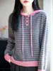 Otoño e Invierno 100% Lana Pura Tejido con Capucha para Mujer Holgado Casual Cordón Rayas Contraste Sudadera con Capucha