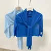 Novo Xale de Tricô Listrado 2026 para Mulheres, Peça de Roupa Externa Azul Fina de Verão, Gola Falsa de Alto Padrão Estilo Coreano