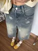 Shorts de mezclilla retro con estampado de estrellas para mujer, pantalones cortos de verano finos, holgados, de pierna ancha, petite, cropped, pantalones rectos de longitud media