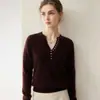 Precious Cashmere Suéter de Punto 100% Cachemira Pura para Mujer, Top Suave Versátil, Cuello en V, Medio Botón, Suéter Base