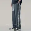 Calça de Moletom Pesada Listrada Tricotada Estilo High Street Americano para Homens, Calça Esportiva de Corte Reto, Nova Calça Casual Longa de Perna Larga para Primavera
