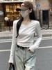 Camiseta de Manga Larga con Cuello en V de Algodón Puro para Mujer, Ajustada, Estilizada, para Primavera, Otoño e Invierno, Ajustada, Efecto Adelgazante, Cintura, Camiseta Base, Camiseta, Top