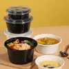 Caja de almuerzo rectangular desechable estilo americano de 750 ml, caja de embalaje para llevar de 900 ml, lonchera redonda con tapa convexa negra, tazón para sopa