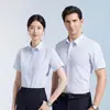 Camisa formal profesional unisex antiarrugas para negocios, camisa de manga corta a rayas de fibra de bambú, ropa de trabajo con logo bordado