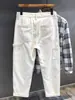 Moda Urbana Americana Parcheado Ropa de Trabajo Jeans Blanco Crudo para Hombre, Pantalones Largos Casuales Rectos Holgados para Primavera y Verano