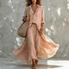 Nova Camisa de Algodão e Linho Cor Rosa Nude 2026 para Mulheres, Mangas Dobráveis, Gola Reversível Casual, Bolsos Canguru, Caimento Solto, Blusa de Manga Longa Protetora do Sol