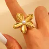 Anillo de Acero Inoxidable con Diseño de Flor de Gota de Agua Hoja Perla, Anillo Apilable, Anillo para Dedo Índice para Mujeres, Joyería Transfronteriza Europea y Americana