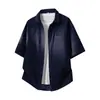 Suministro Directo de Fábrica Camisa de Verano de Mezclilla de Manga Corta Marca de Tendencia para Hombre 70% Algodón Cuello Cuadrado Pequeño Cárdigan Camiseta Corta