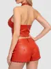 Fábrica Personalizada Europeu e Americano Transfronteiriço Amazon Couro PU Vermelho Top Cropped de Gola Alta Couro PU Shorts Ultra-curtos Emagrecedor Hot Girl