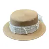 Chapéu de Palha Elegante Estilo Francês com Renda e Pérolas para Primavera e Verão Feminino, Chapéu de Sol de Praia com Aba Larga e Topo Plano