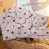 Pijama de Algodão Bolha Novo Estilo Cardigã Feminino Verão Calça Manga Curta Estilo Popular do Instagram Tecido Amassado Conjunto Estudante Roupas de Casa