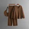 Conjunto de Duas Peças Moda Europeia e Americana Cor Sólida Gola V Suéter Casual Solto de Cintura Alta Novo Outono e Inverno 2024