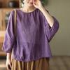 Elegante Camiseta de Algodón y Lino con Cuello Redondo y Mangas Murciélago, Holgada y Favorecedora, Adecuada para Viajeros Jóvenes y de Mediana Edad, Moderna