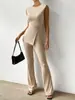820 Moda Europea y Americana Transfronteriza Estilo Elegante Top Redondo Elegante para Mujer con Chaleco de Dobladillo con Abertura y Ligeramente Acampanado