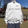 Moletom Cardigan Esportivo Retro Americano com Estampa de Letras Gola Alta Masculino Tendência Canalha Bonito Versátil Jaqueta com Zíper Três Listras