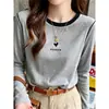 Camiseta de manga larga, cuello redondo, de algodón puro, corte regular, con bloques de color, para mujer, con un diseño único y elegante, perfecta como capa base a la moda para el otoño