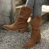 Otoño/Invierno 2026 Botas Vaqueras Western de Ante de Vaca Punta Redonda sin Cordones Más Terciopelo Tacón Grueso Botines Cortos Apilados Talla Grande para Mujer 43