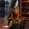 Cinto Elegante Chique Estiloso Tendência Cintura Marcada Top Camisa Feminino Outono Inverno Veludo Cor Café