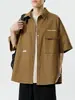 Camisa de trabalho da moda trendy de rua de manga curta para homens, jaqueta versátil de verão com caimento solto, camisa casual de manga curta estilo Hong Kong