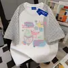 Camiseta de Manga Curta Patchwork Listrado Criativo Graffiti Japonês Preguiçoso Feminina Verão Solta Algodão Puro Manga Raglan de Nicho