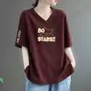 Camiseta Estilo Mãe de Comércio Exterior com Desconto Transfronteiriço, Gola V de Manga Curta para Mulheres, Blusa Estampada de Manga Meia-Manga Soltinha Plus Size para Mulheres