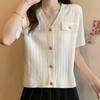Cardigan de Punto Delgado Refrescante Estilo Chanel Nuevo Estilo Verano 2024 Top Elástico Simple de Manga Corta con Cuello en V para Mujer