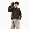 Camisa Listrada Marrom Melanóide para Homens e Mulheres, Estilo Old Money Primavera/Verão, Camisa Polo Henley de Manga Longa, Sensação Preguiçosa de Luxo, Camisa
