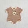 Ropa de una pieza de verano para bebés y niños pequeños para niños y niñas, estampado de oso de dibujos animados, manga corta, triángulo, khaka, ropa para gatear