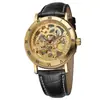 Reloj de Pulsera Forsining Redondo Hueco Números Romanos Mecánico Correa de Cuero Banda de Acero Venta al por Mayor Reloj Mecánico para Hombre