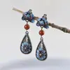 Pendientes de Filigrana Azul Quemado Flor de Peonía Plata S925 Joyería Hecha a Mano Estilo Étnico Pendientes de Jade Retro Pendientes para Mujer