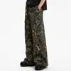 Calça jeans camuflada desconstruída estilo americano para homens, nova coleção primavera/outono 2026, calça de trabalho moderna de corte reto solto, lavada e desgastada