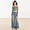 Jeans de pierna ancha, alta calidad, color azul oscuro, con diseño desgastado y lavado blanco, que presentan un patrón de fuegos artificiales, estilo mujer, nueva colección 2026, y disponibles para dropshipping