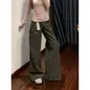 145 Talla Pequeña Verde Militar Americano Pierna Recta Ropa de Trabajo Jeans de Mezclilla Mujer Sueltos Adelgazantes Cintura Alta Casual Pantalones de Pierna Ancha