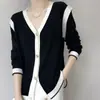 Cardigan de Punto de Lana Fina de Manga Larga Estilo Nuevo de Primavera Combinación de Colores Blanco y Negro Chaqueta de Moda Sencilla Holgada Adelgazante para Mujer