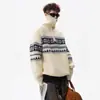 Suéter de Punto Jacquard Fair Isle Beige para Hombre Invierno Americano Media Cremallera Cuello Alto Chaqueta Holgada Perezosa para Pareja