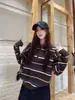 Tricô Top Manga Longa Listrado Estilo Coreano Gola Polo Botão Soltinho para Mulheres Outono Inverno Cor Blocada Retrô