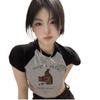 2026 Verão Novo Estilo Retrô Americano Ins Algodão Puro Manga Curta Feminino Curto Hot Girl Camiseta Verão Manga Raglan Top