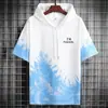 Camiseta de Seda de Gelo Masculina Verão Nova Marca Tendência Ins Verão com Capuz Manga Curta Proteção Solar Solta Tops de Estudante 1/2 Peças